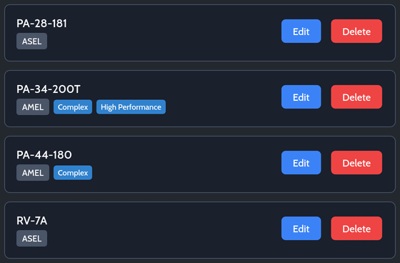 Personal aircraft list showing saved planes and simulators with category attributes